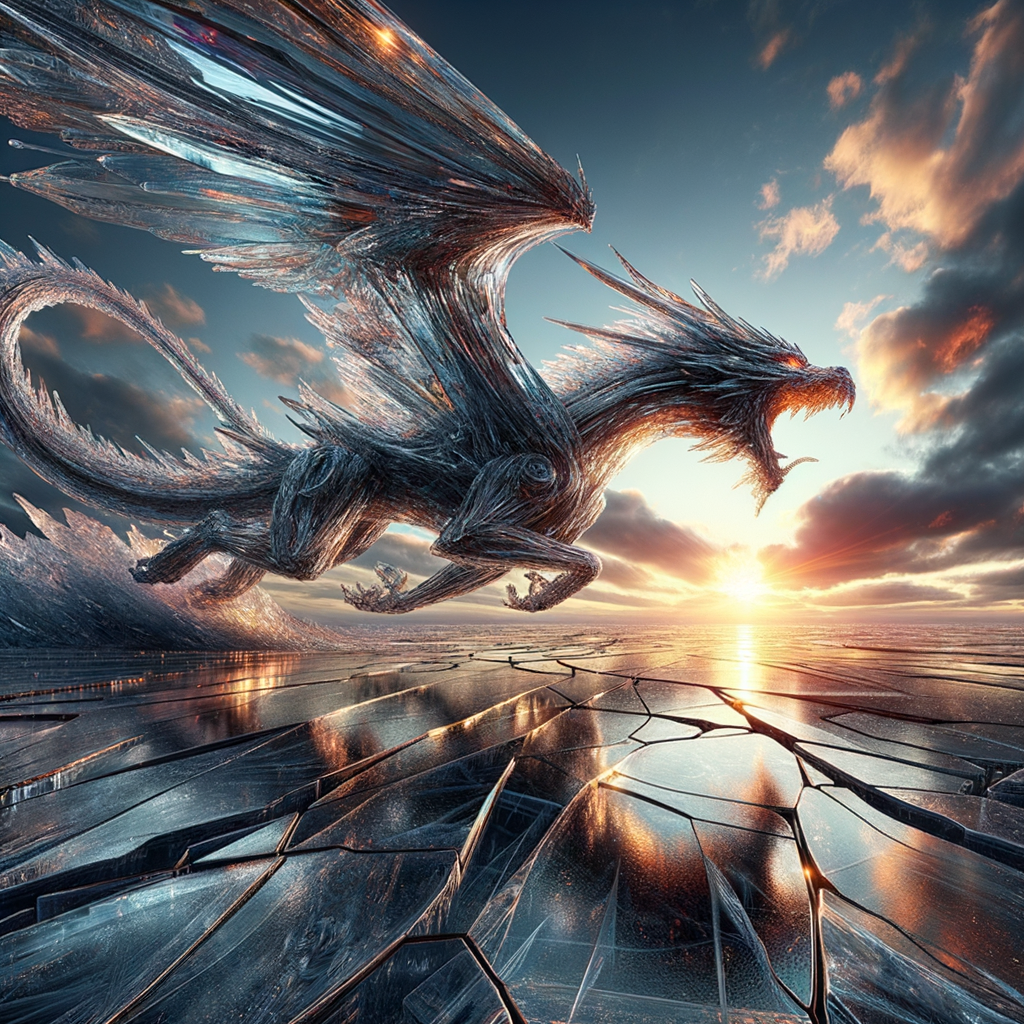 A colossal dragon made of transparent glass, refracting the sunset over a cracked frozen sea. Extreme detail, cinematic atmosphere, reflections and caustics, sweeping wide-angle composition.