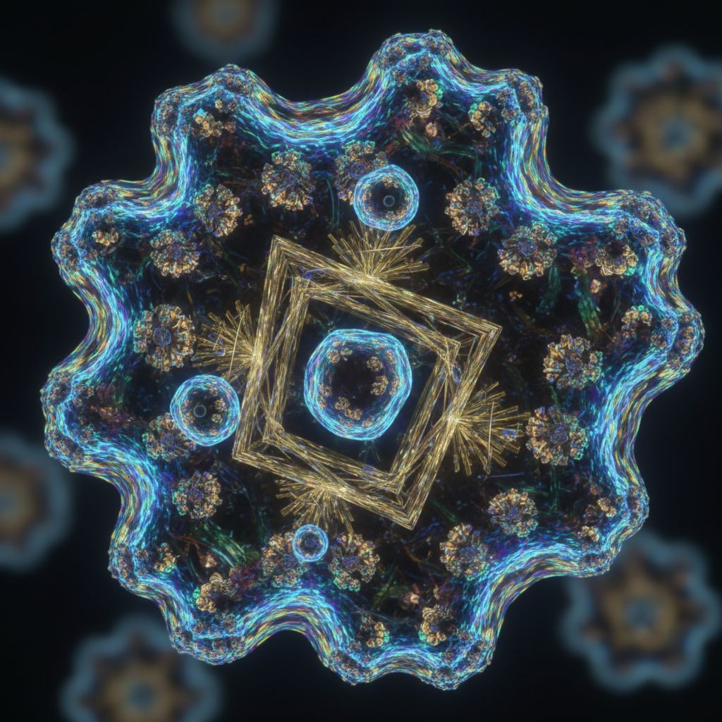 A close-up microscopic view of an alien biocell with fractal patterns, bioluminescent membranes, and impossible geometry. Ultra-macro lens, high-contrast, scientific yet surreal.
