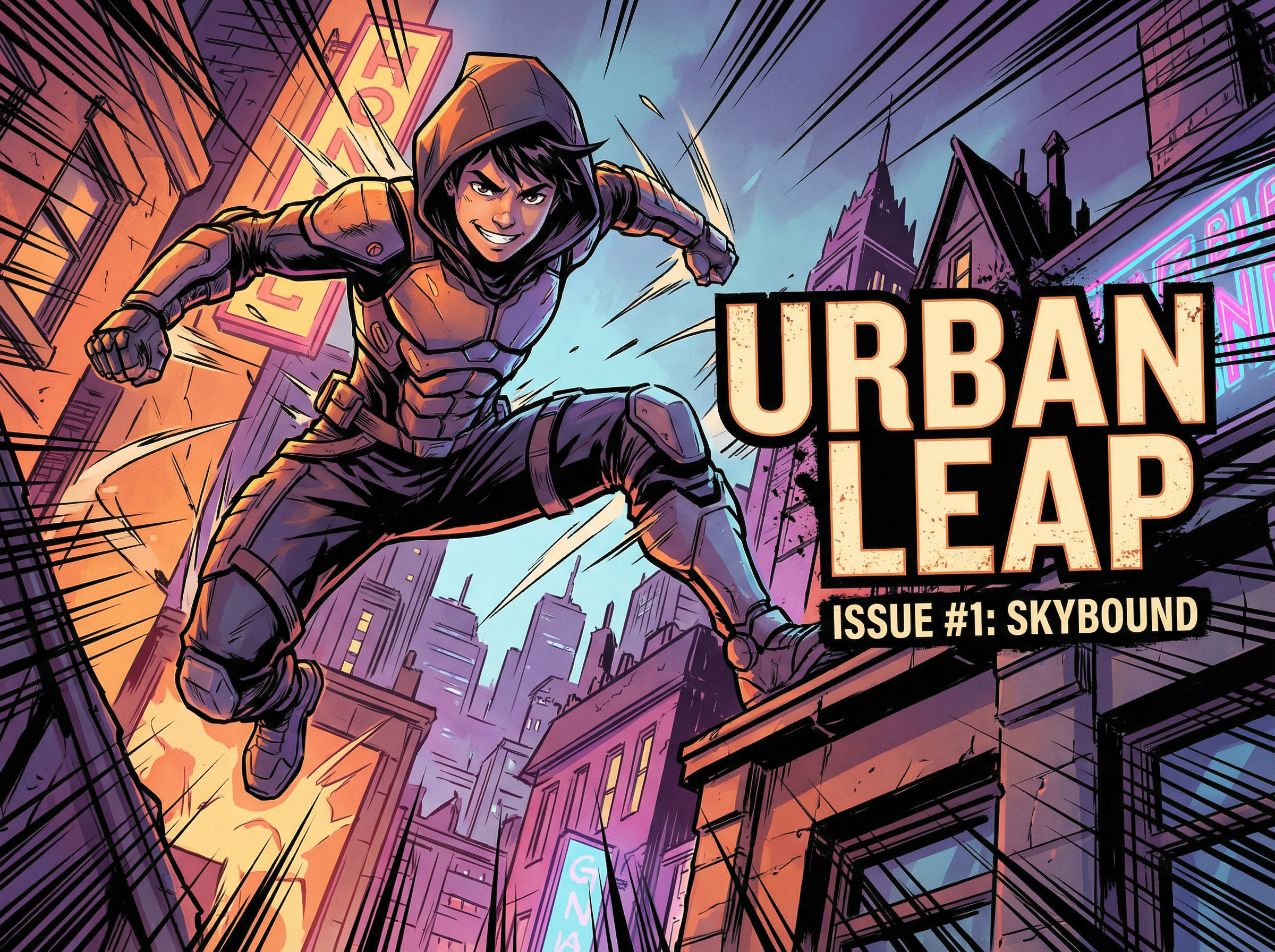 A bold, modern comic panel showing a young hero jumping between rooftops. Dynamic pose, dramatic angle, sharp inking, vibrant cel-shaded colors. Stylized motion lines, expressive shadows, crisp outlines. Feels like a polished comic cover with energy and attitude.
