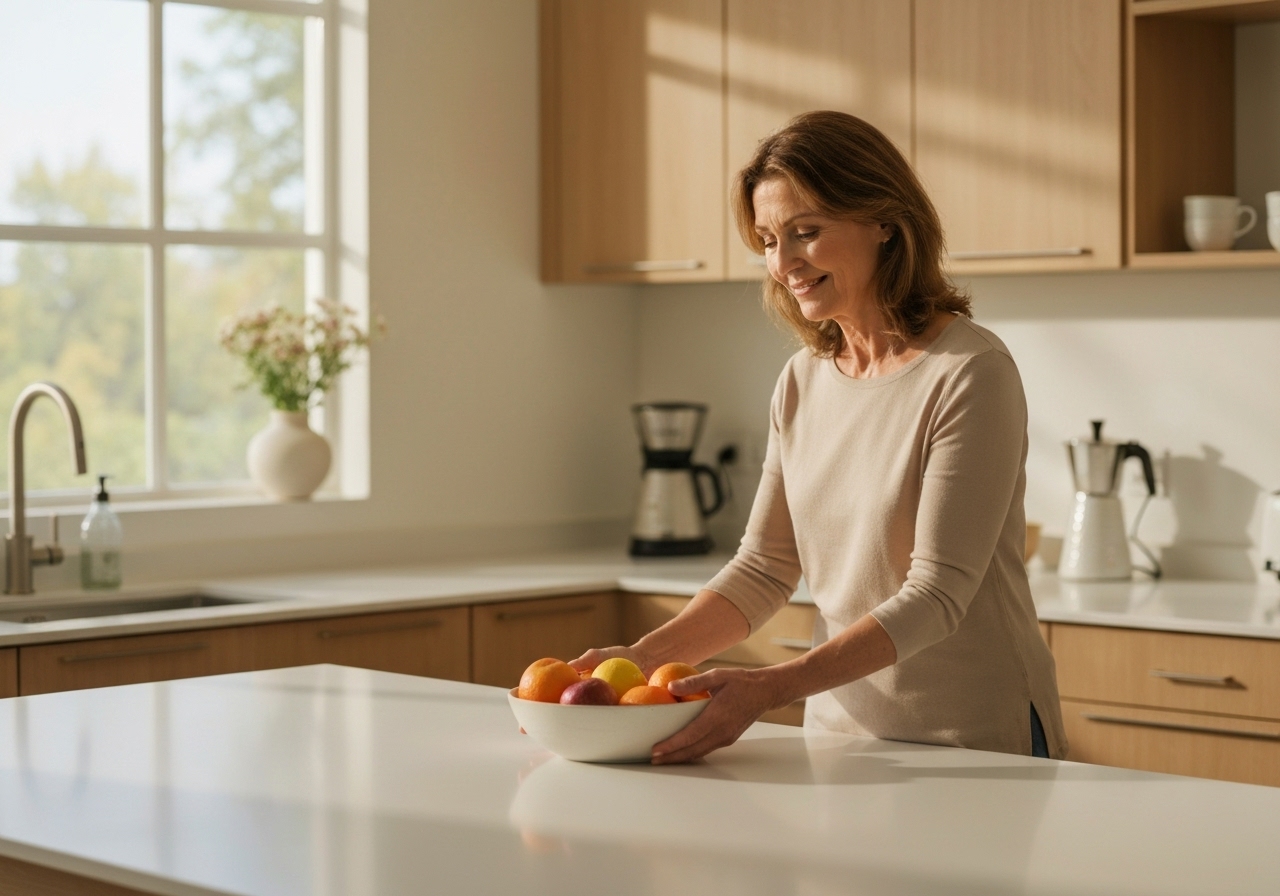 A warm lifestyle scene of someone placing fresh fruit on a kitchen counter in the morning. Natural soft light from a window, shallow depth of field, clean minimal decor, realistic textures, brand-ad style composition. Peaceful, elegant, modern.