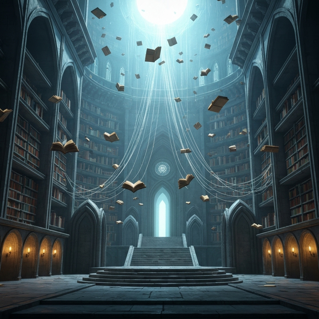 A vast library suspended in a void, each book floating and connected by glowing threads of time. Hyper-detailed architecture blending gothic and sci-fi design, impossible scale, soft volumetric light, ultra-sharp textures.