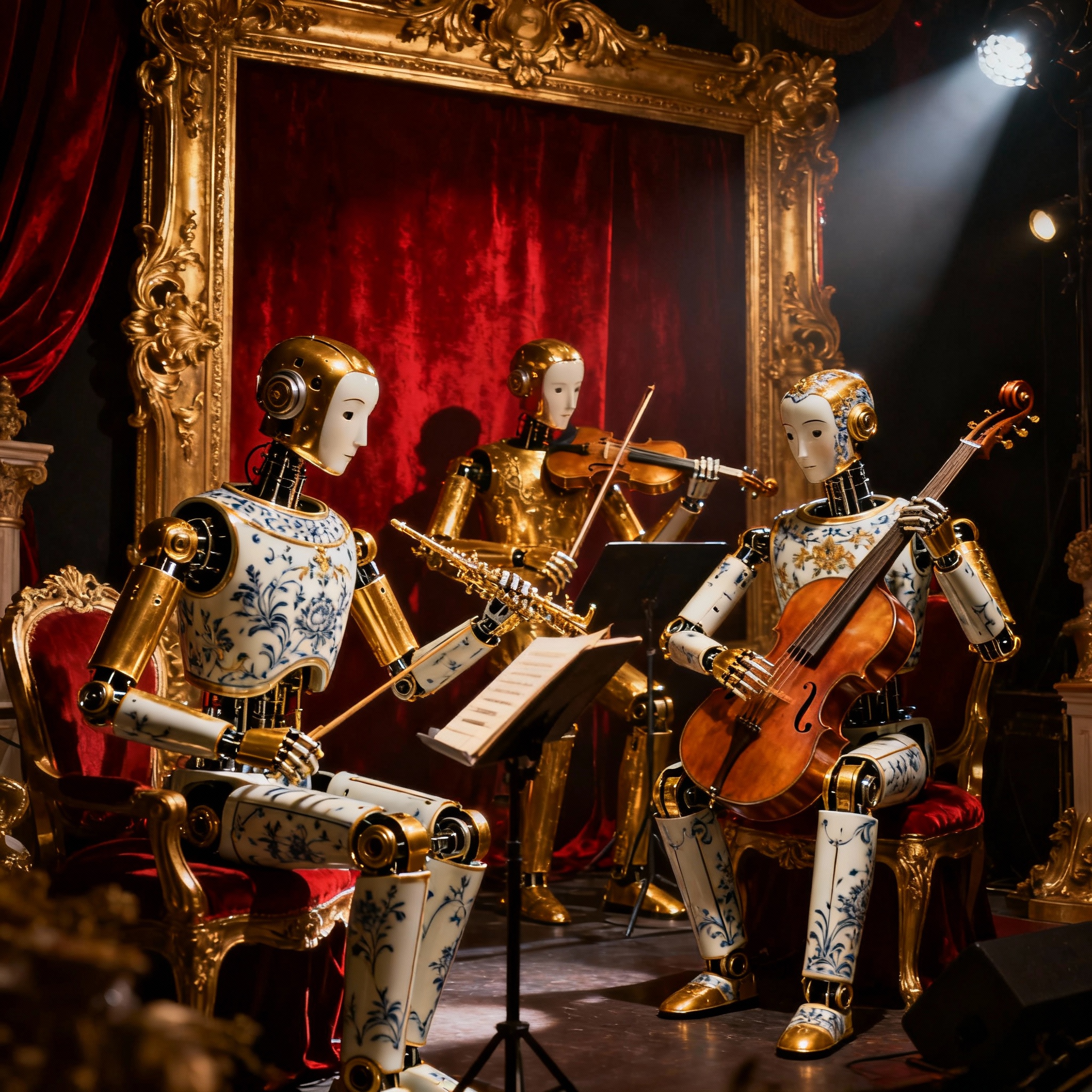 Dozens of elegant baroque-inspired robots playing complex instruments made of gold and porcelain. Intricate decorations, soft spotlighting, dramatic stage ambience.