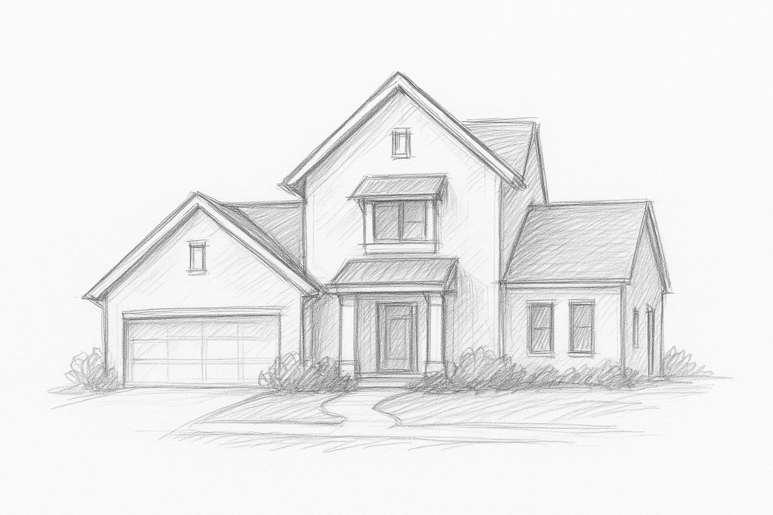 Modern two-story house with gabled roofs, double garage, neat garden, and warm sunset lighting in a quiet rural setting. - Original