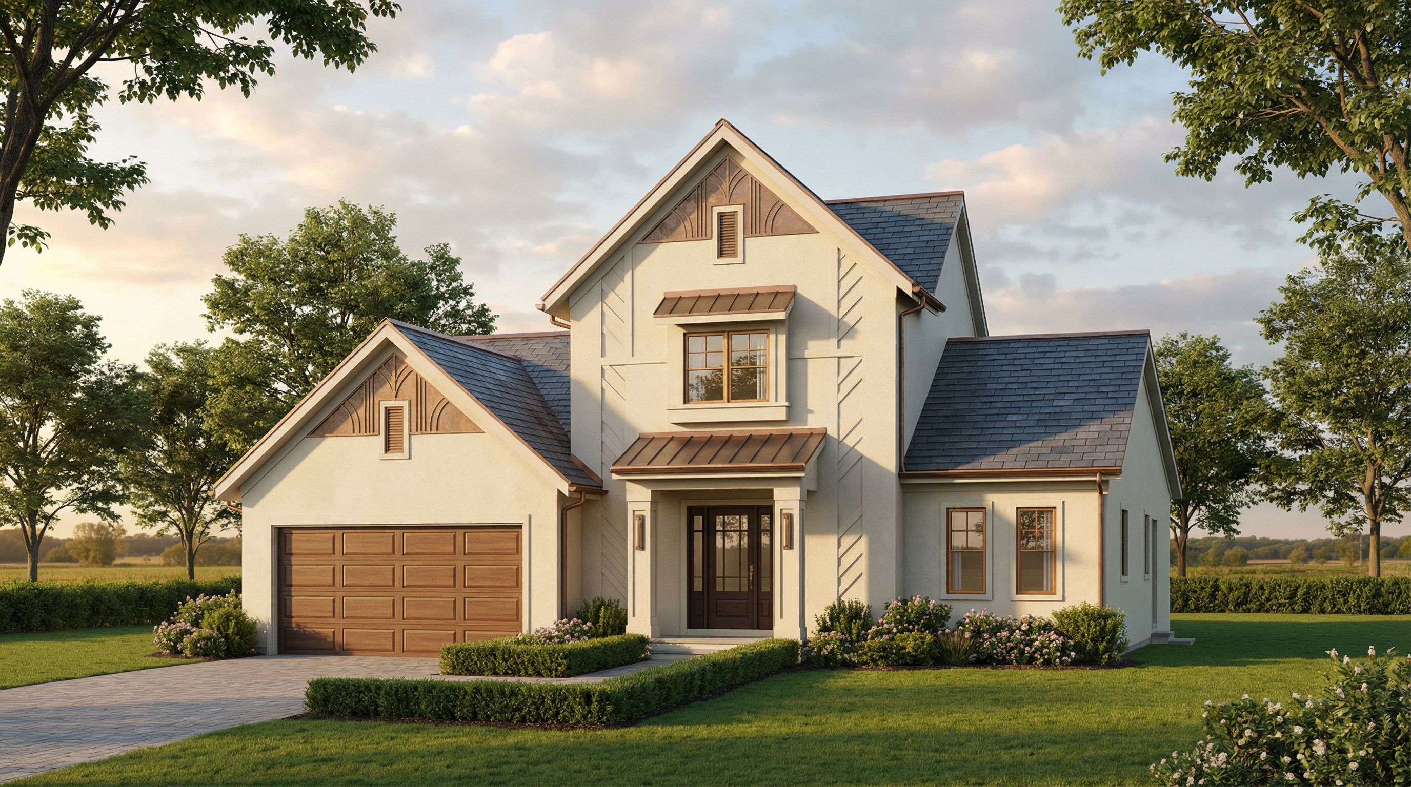 Modern two-story house with gabled roofs, double garage, neat garden, and warm sunset lighting in a quiet rural setting. - Rendered