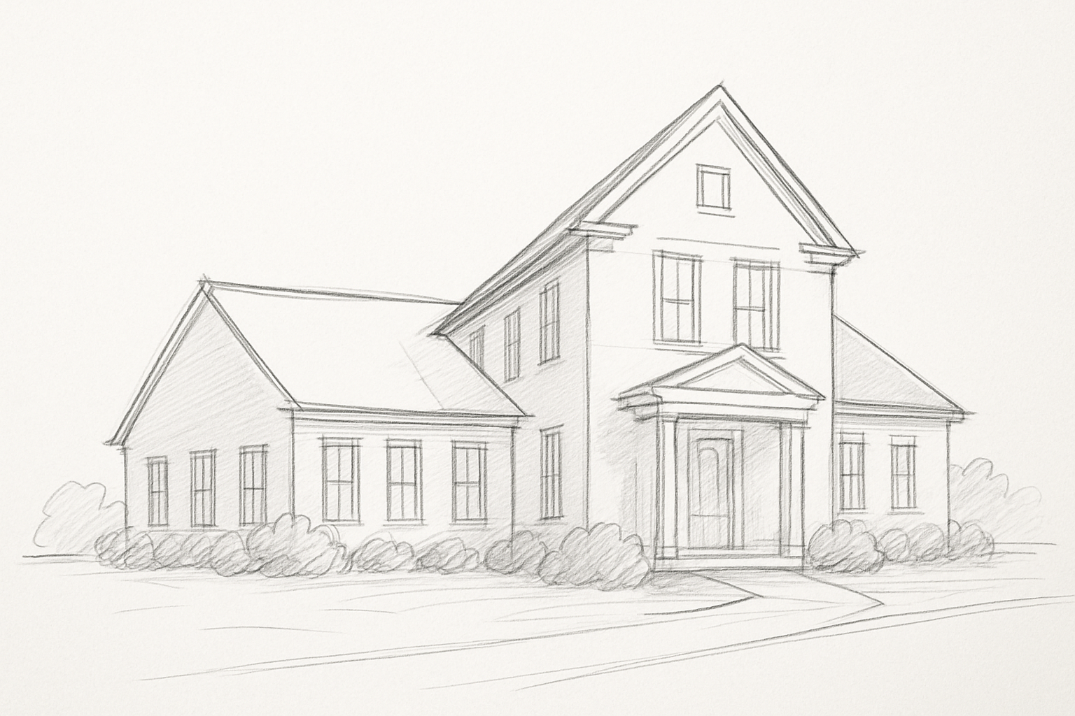 Two-story house with simple gabled roofs, muted beige facade, symmetrical windows, and a small columned porch on a quiet suburban street. - Original