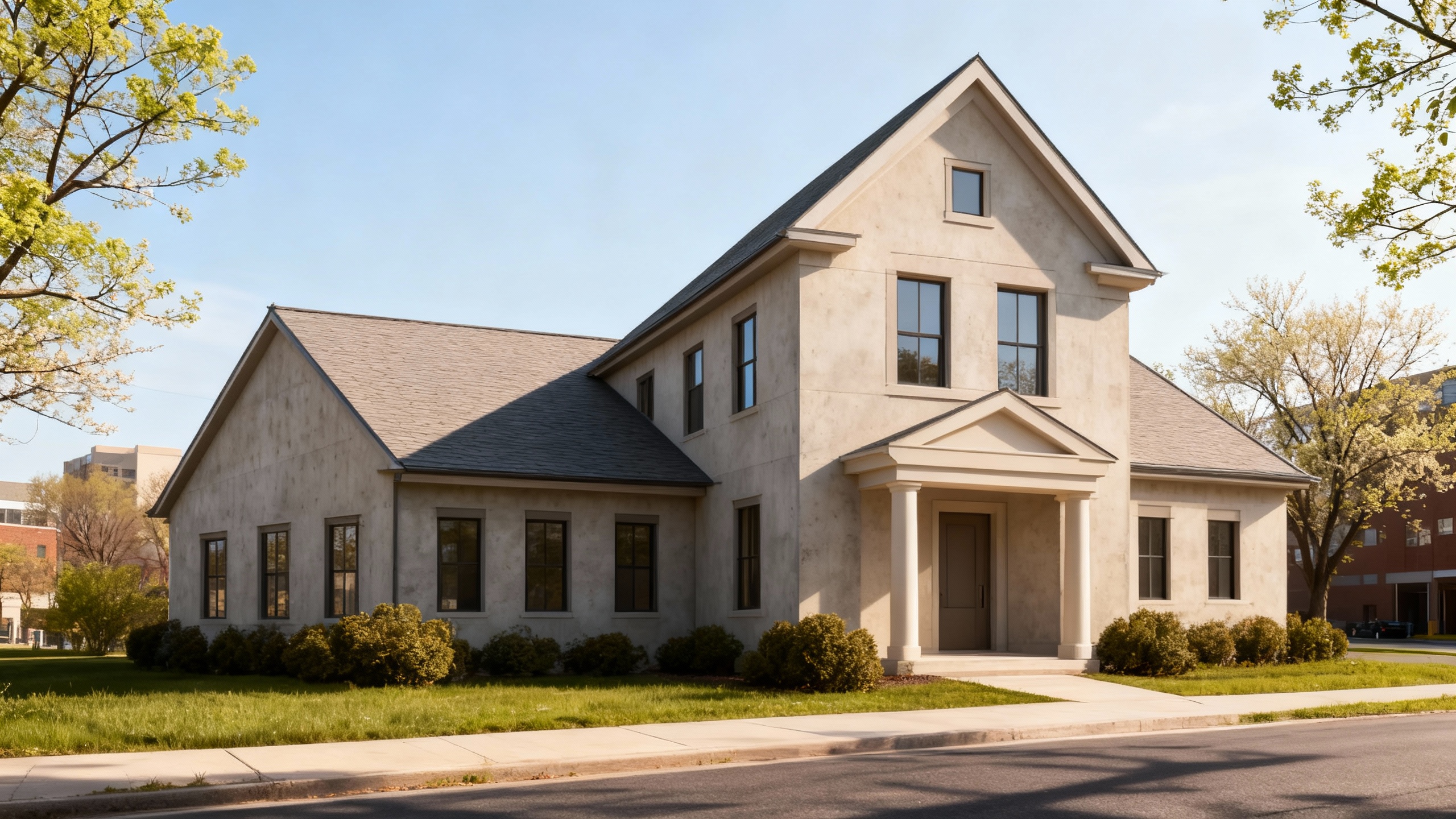Two-story house with simple gabled roofs, muted beige facade, symmetrical windows, and a small columned porch on a quiet suburban street. - Rendered