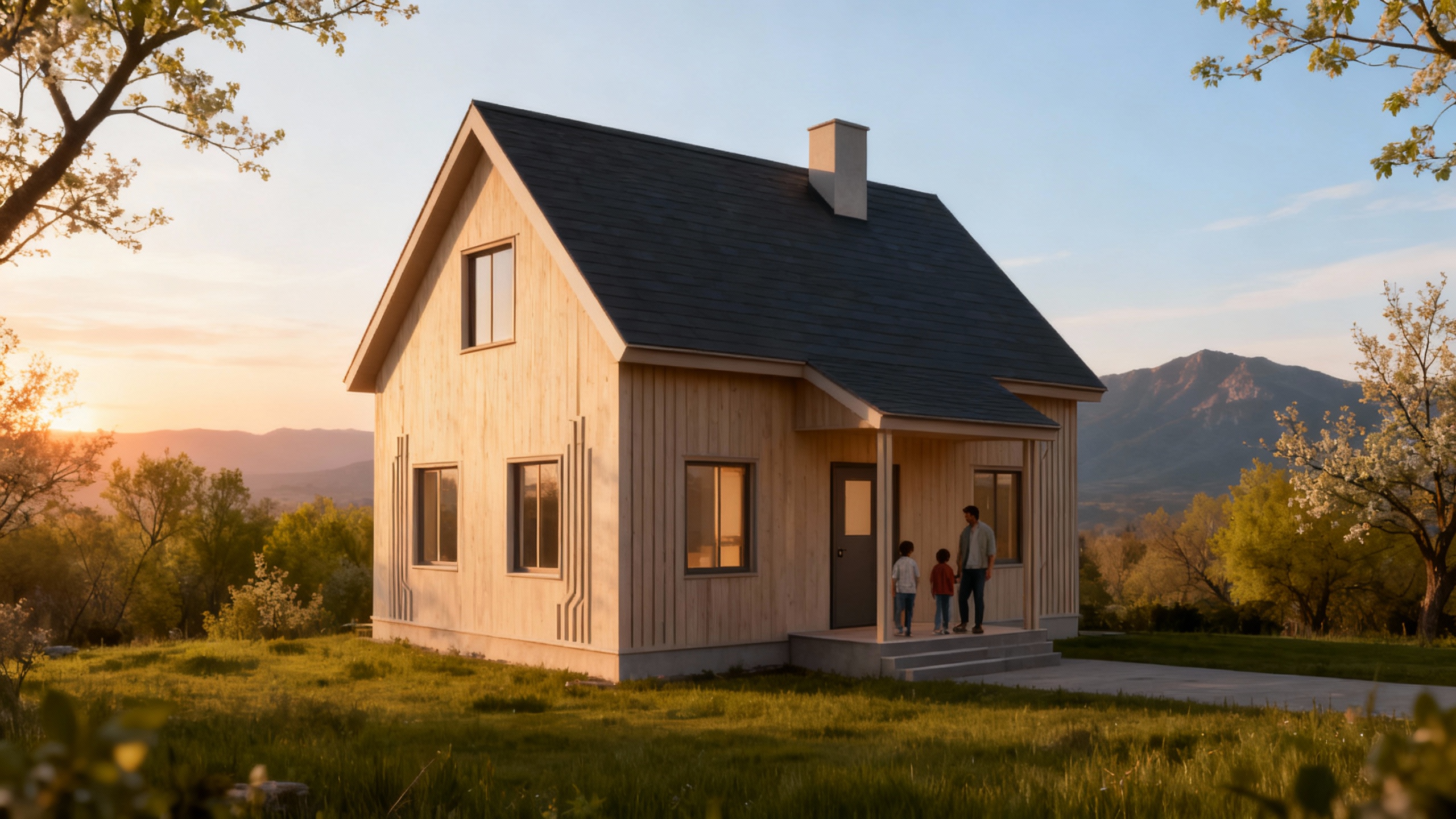 Small wooden house with simple gabled roof, warm sunset light, mountain backdrop, and a family standing at the front steps. - Rendered